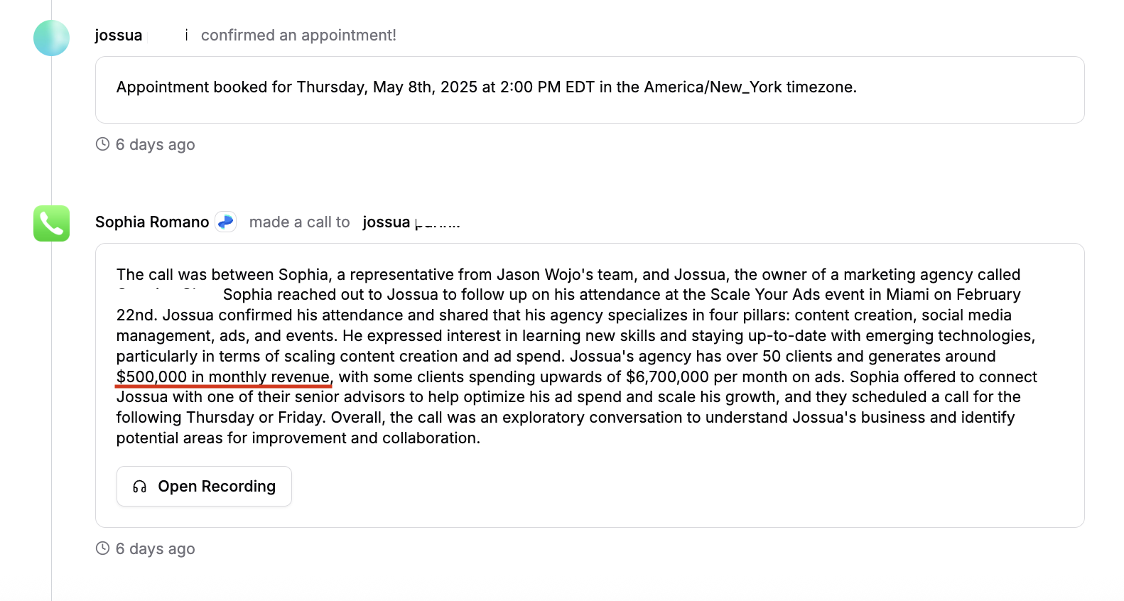 $500K/mo agency owner booked via AI outbound — full transcript in CRM