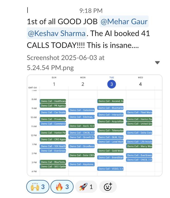 "The AI booked 41 calls today" — client calendar packed with AI-booked demos