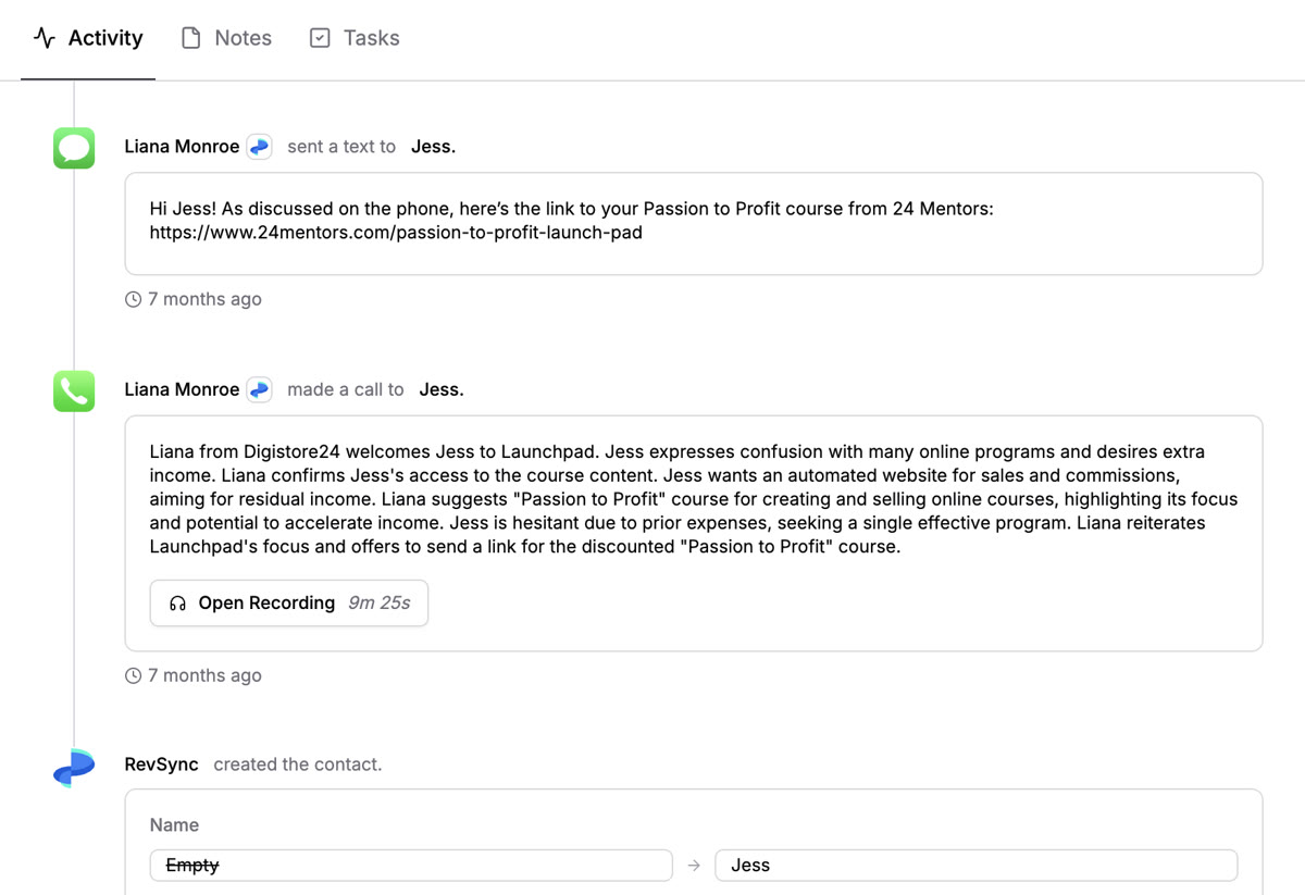 Jess activity timeline in RevRing dashboard