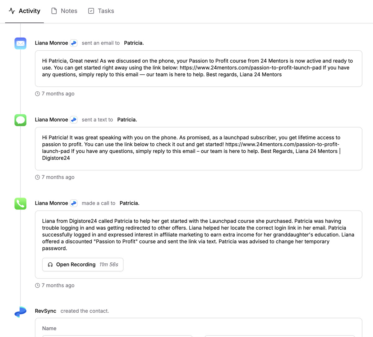 Patricia activity timeline in RevRing dashboard