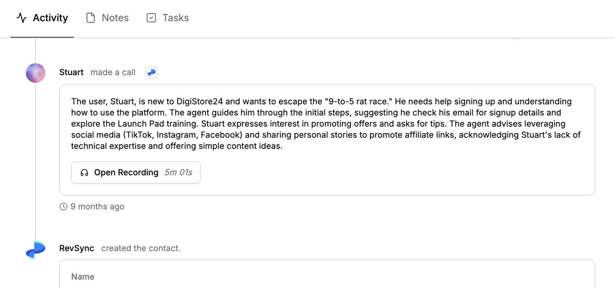 Stuart activity timeline in RevRing dashboard