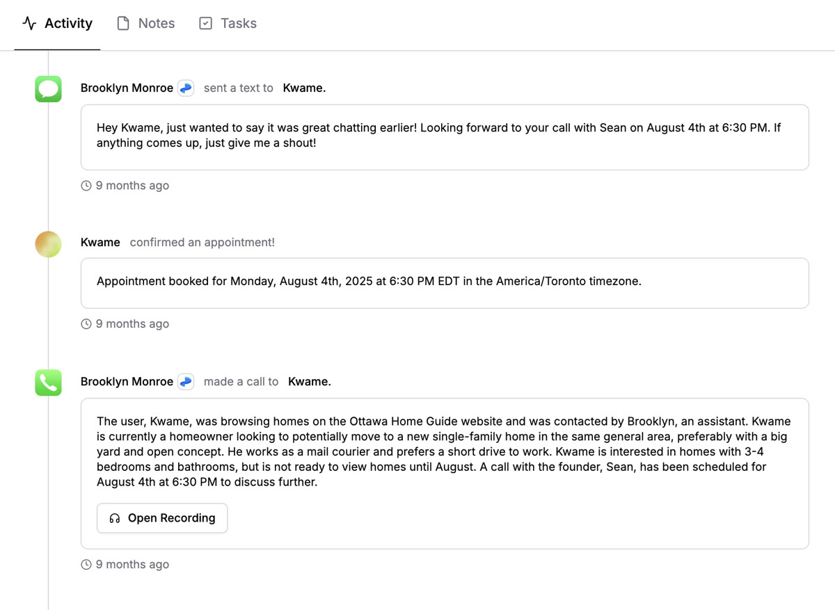 Kwame activity timeline in RevRing dashboard