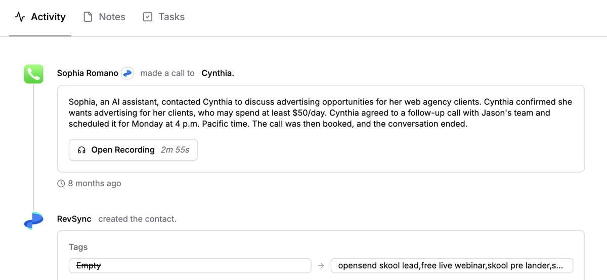 Cynthia activity timeline in RevRing dashboard
