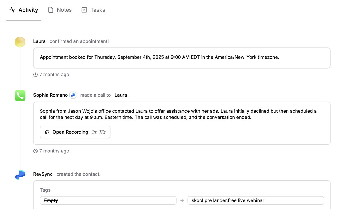 Laura activity timeline in RevRing dashboard
