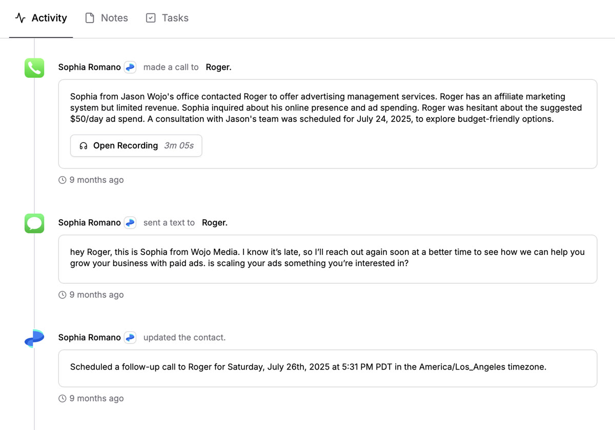 Roger activity timeline in RevRing dashboard