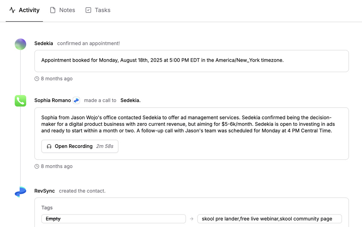 Sedekia activity timeline in RevRing dashboard