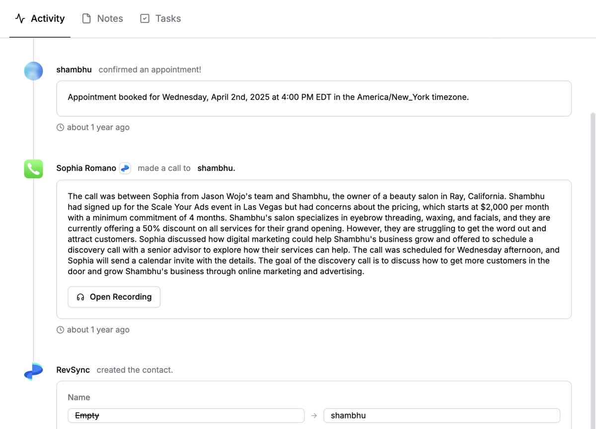Shambhu activity timeline in RevRing dashboard