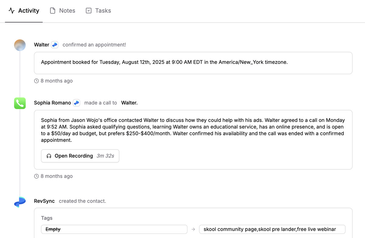 Walter activity timeline in RevRing dashboard