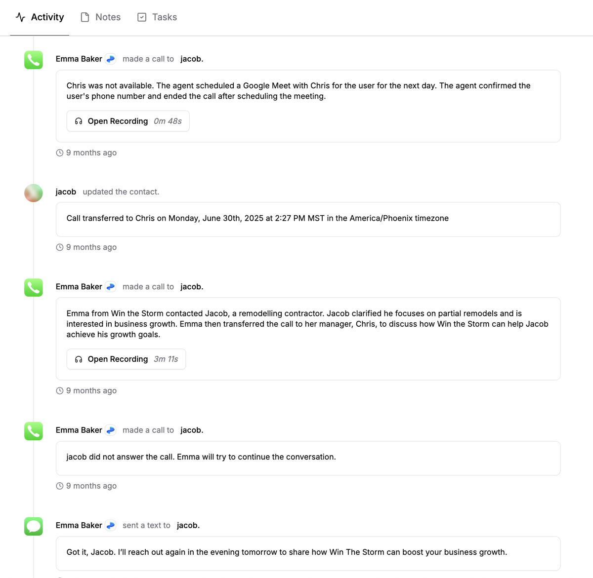 Jacob activity timeline in RevRing dashboard