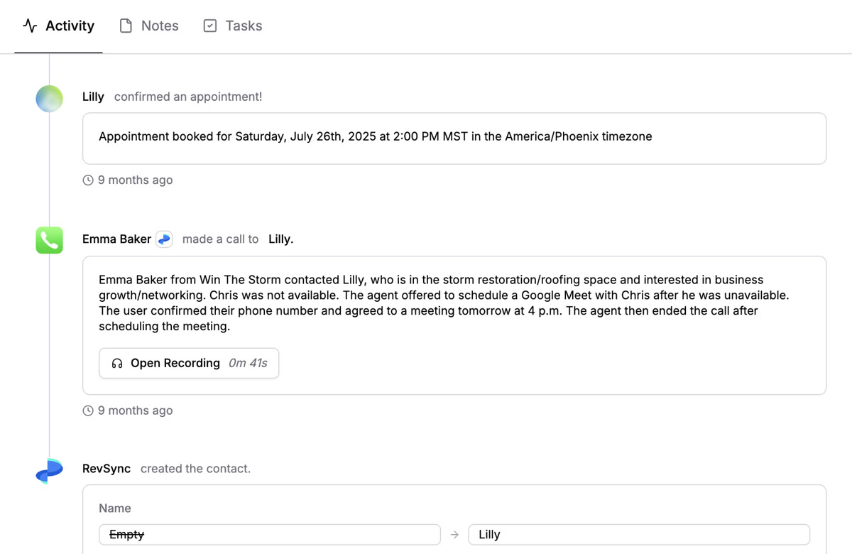 Lilly activity timeline in RevRing dashboard